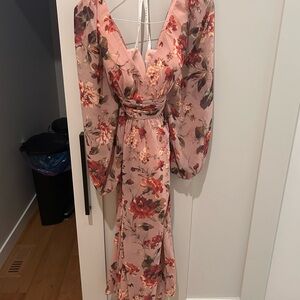 Azazie Elegant Floral Long Sleeve Dress in Pink and Red